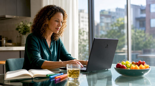 Woman researching THC gummies alternatives at kitchen table