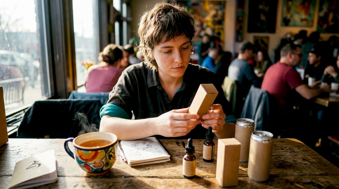 Young adult reviewing cannabis products at kitchen table