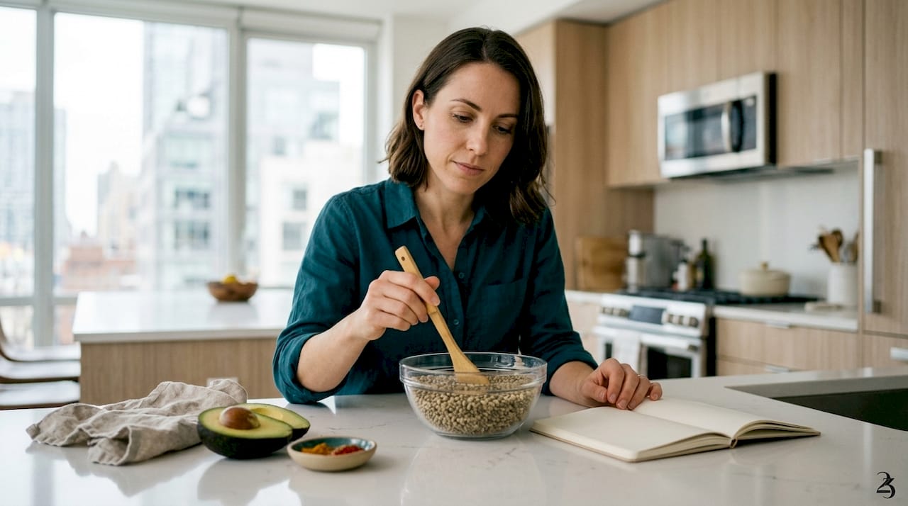 Woman stirring hemp seeds at kitchen table