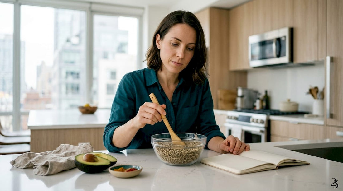 Woman stirring hemp seeds at kitchen table