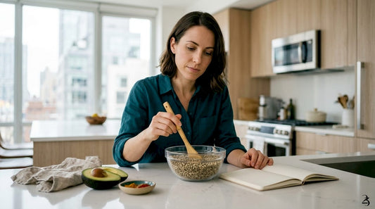Woman stirring hemp seeds at kitchen table