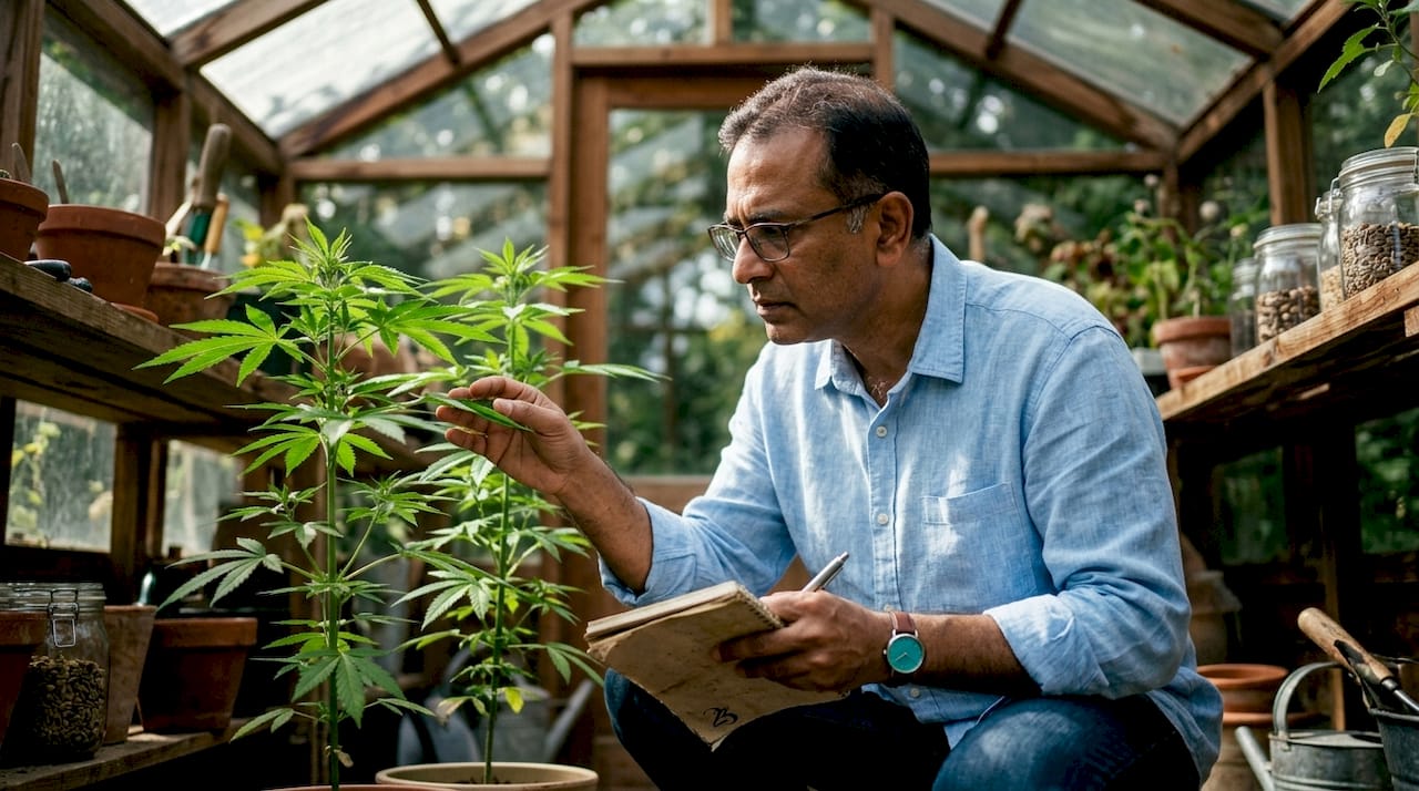 Botanist examining hemp and marijuana plants