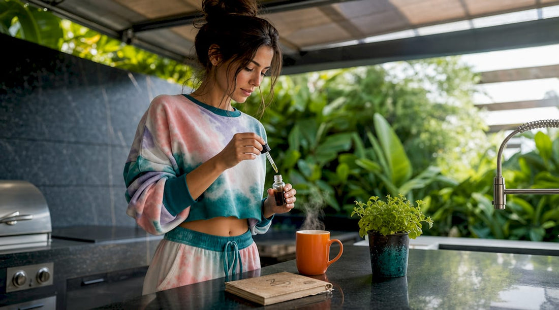 Woman preparing daily CBD dose in kitchen