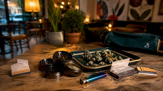 Array of cannabis accessories on table
