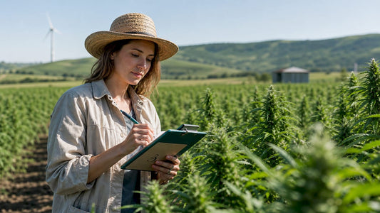 Agronomist inspecting hemp field at dawn
