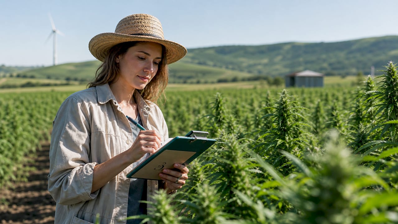 Agronomist inspecting hemp field at dawn