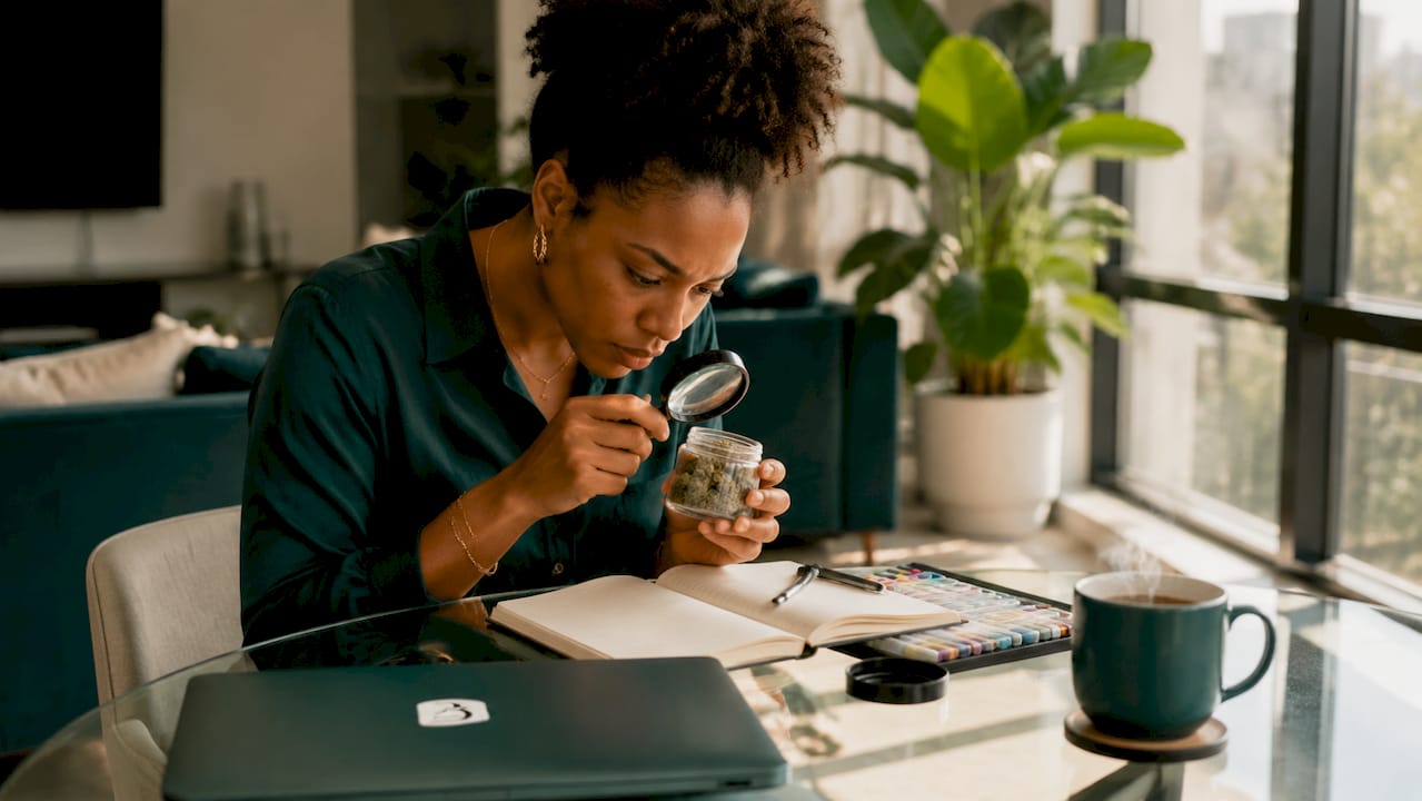 Woman inspecting premium cannabis flower