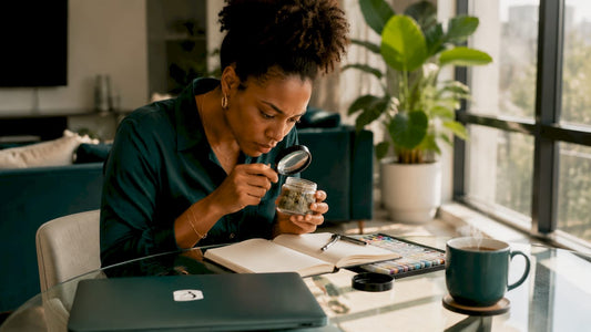 Woman inspecting premium cannabis flower