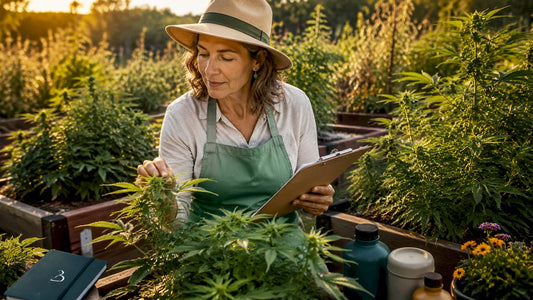 Botanist inspecting organic cannabis plants in greenhouse
