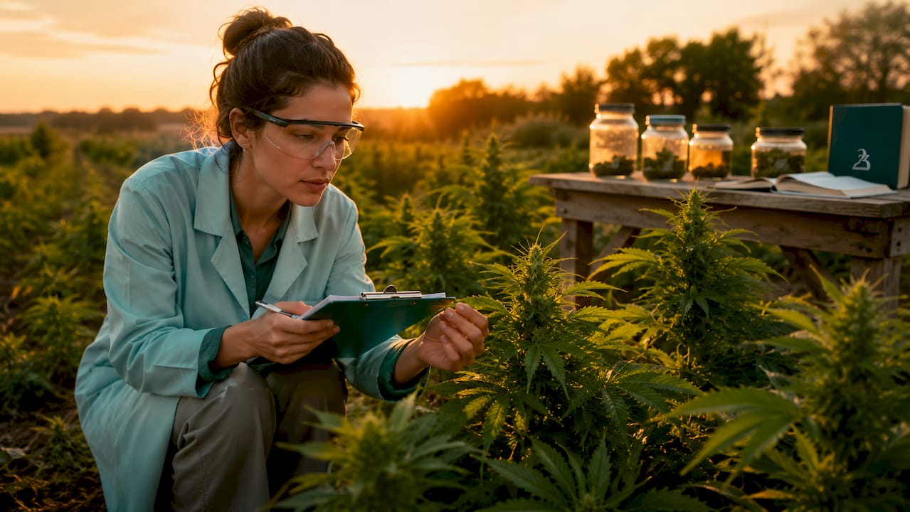 Scientist inspecting strain specific hemp plants in greenhouse