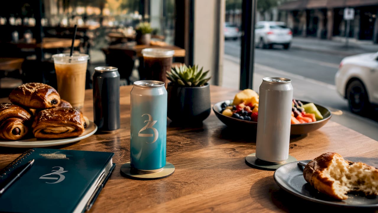 THC infused beverage cans arranged on brunch table