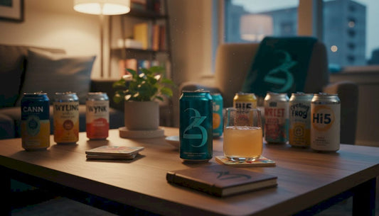 Selection of cannabis beverages on kitchen counter evening