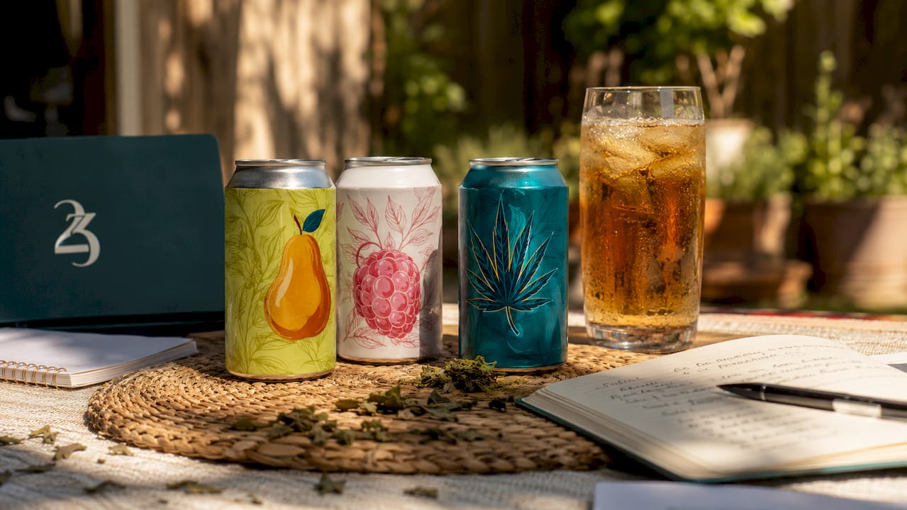 Hemp beverage cans with comparison notes on tray