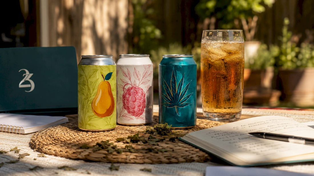 Hemp beverage cans with comparison notes on tray
