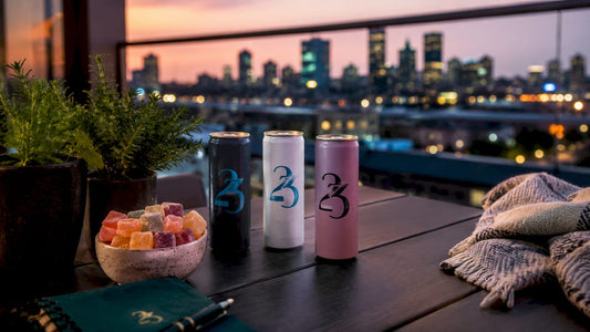 Hemp THC beverages and gummies on table in kitchen