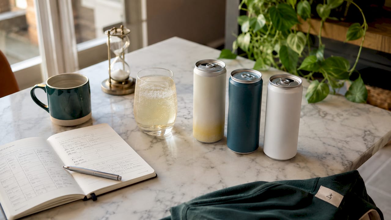 Cannabis beverages and wellness journal on kitchen counter
