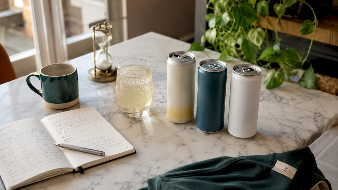 Cannabis beverages and wellness journal on kitchen counter