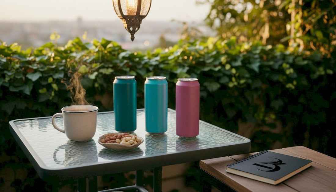 THC beverage cans on cozy coffee table