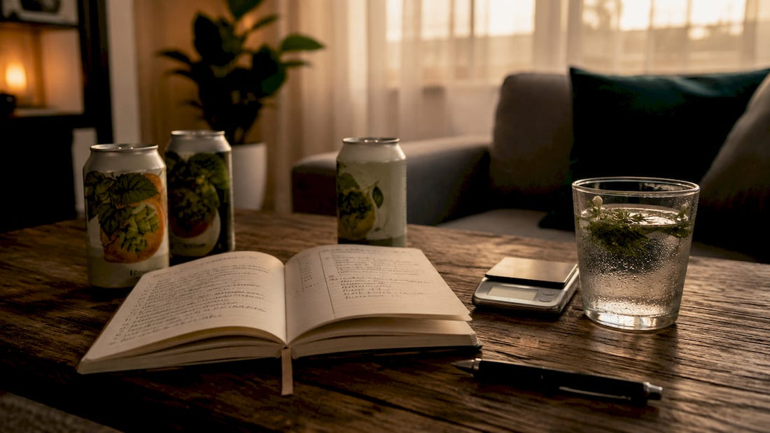 CBD beverage cans and wellness checklist on kitchen counter