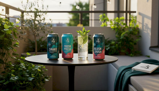 Cans of cannabis beverages on garden picnic table