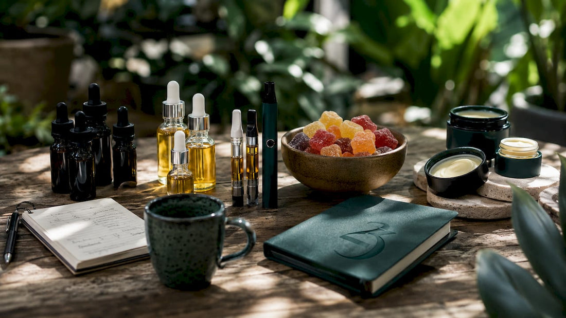 Various hemp and CBD product types on kitchen table