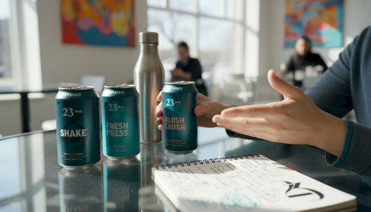 Hands comparing hemp THC beverage cans on kitchen table