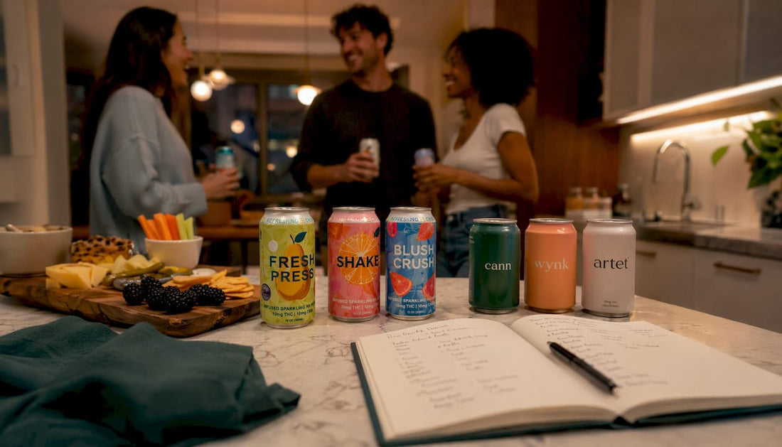 Comparative display of THC cannabis beverage cans on kitchen counter