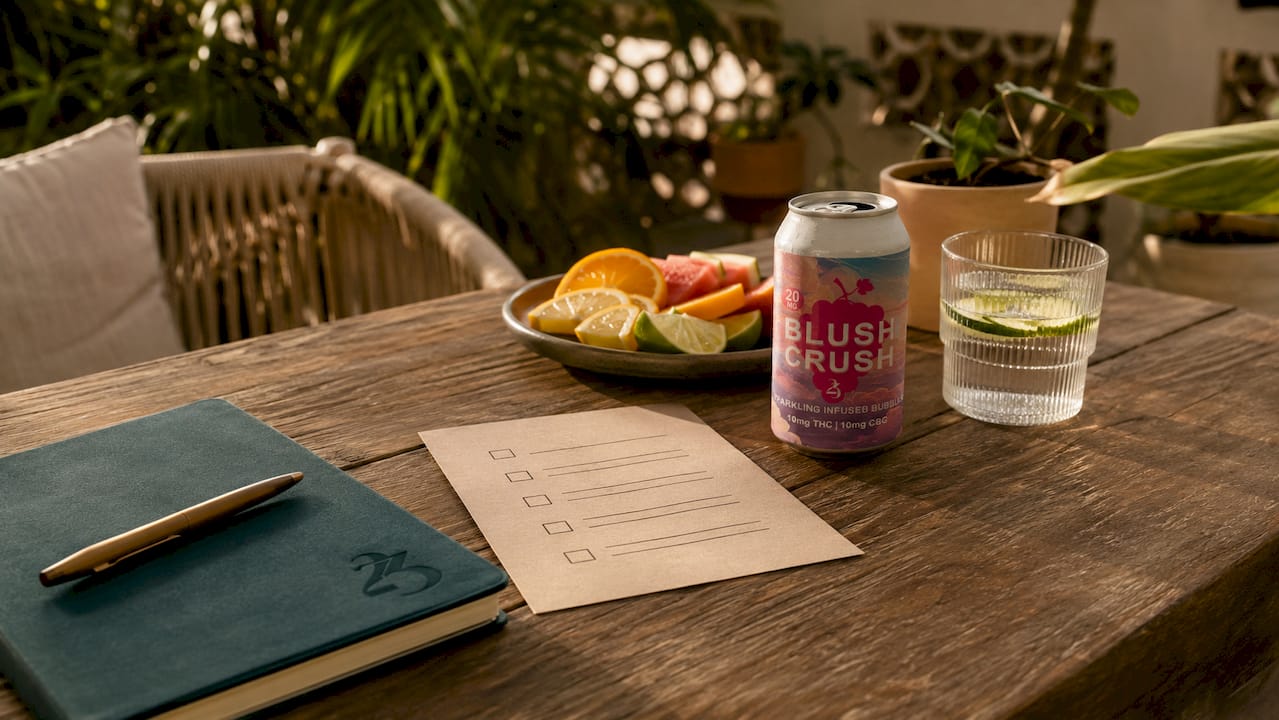 Wellness checklist and hemp THC beverage on kitchen counter