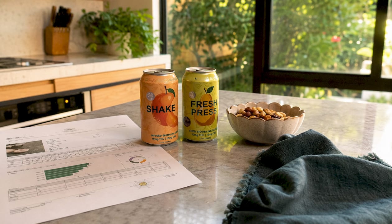 Printed cannabis COA report next to THC beverages