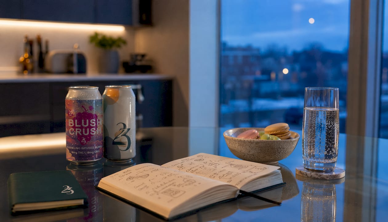 Hemp cannabis beverage cans on wooden kitchen table