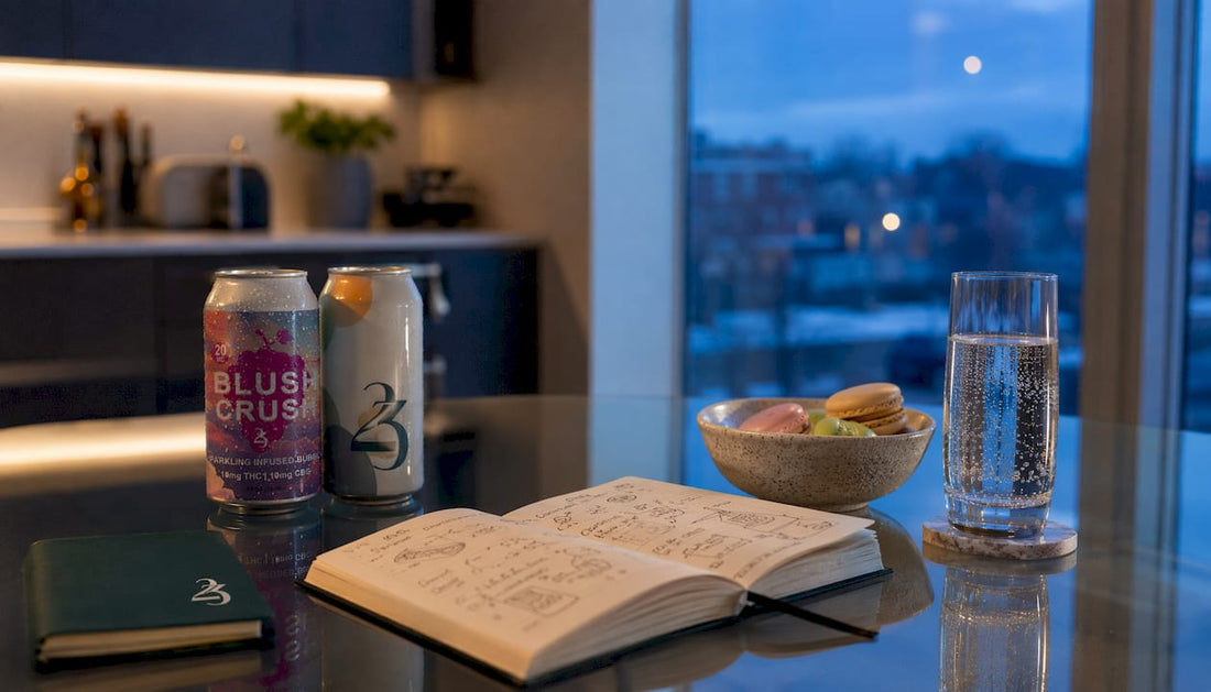 Hemp cannabis beverage cans on wooden kitchen table