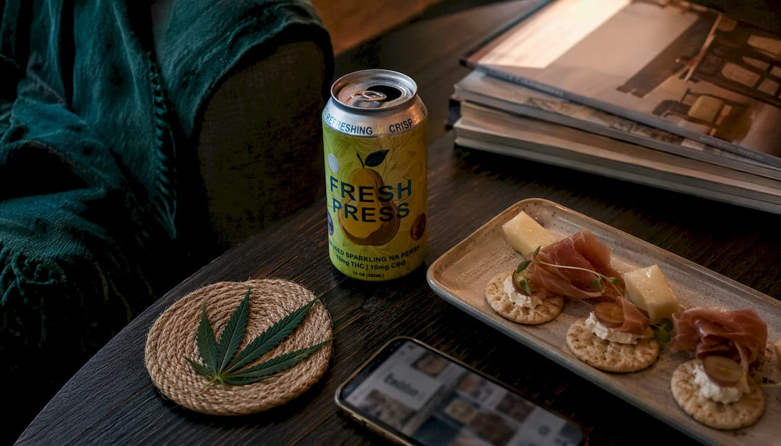 Hemp beverage can on coffee table in cozy room