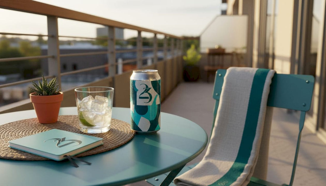 Cannabis beverage on patio table at sunset