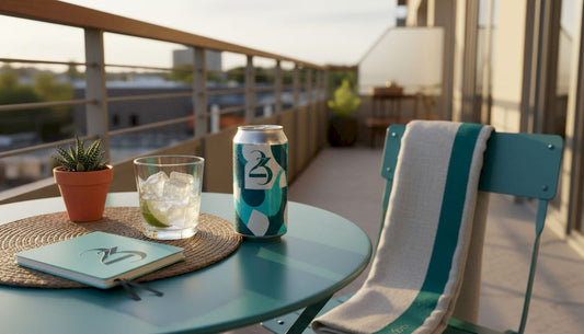 Cannabis beverage on patio table at sunset