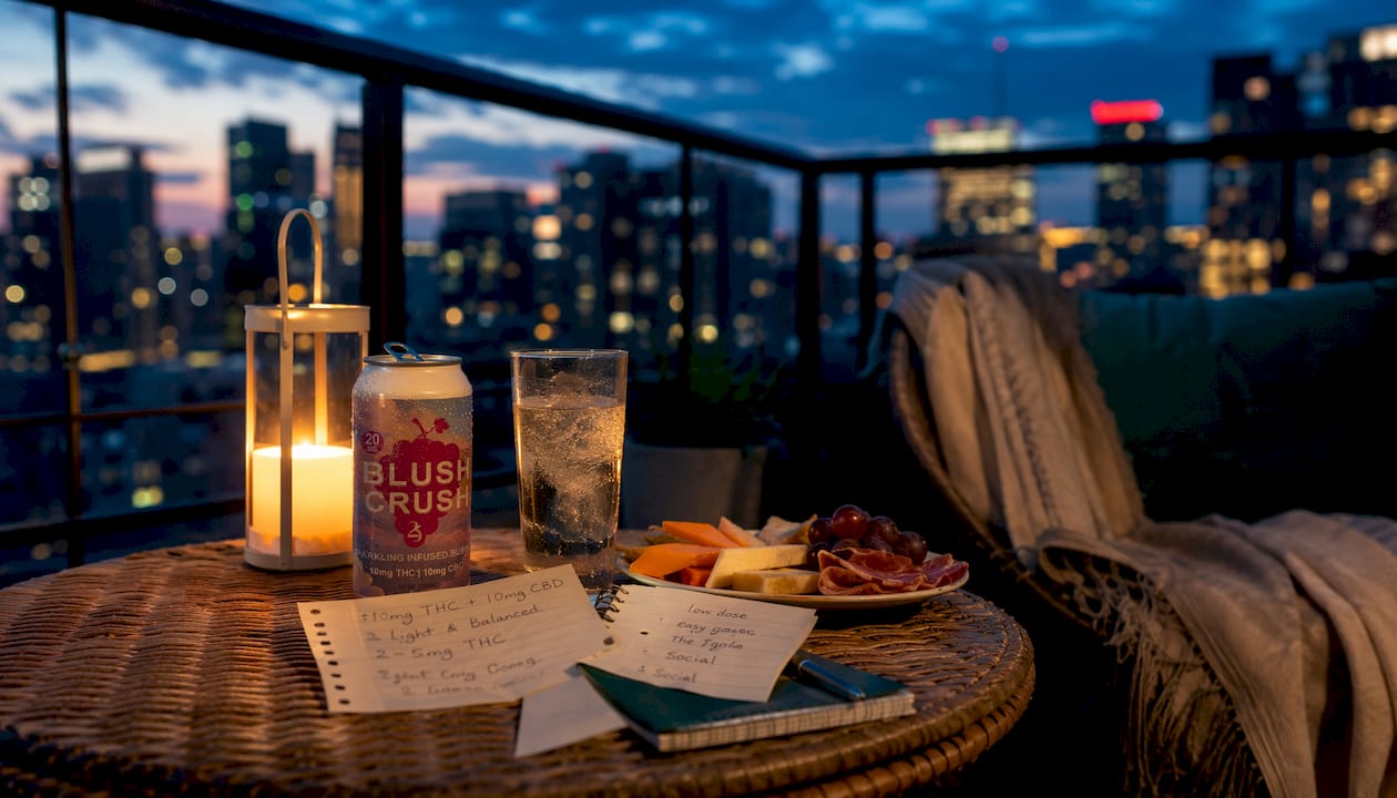 Hemp THC beverage on coffee table at dusk