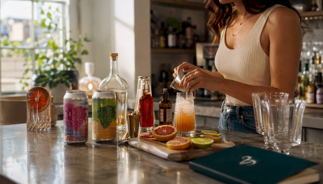 Home bar with hemp-THC beverages and glassware