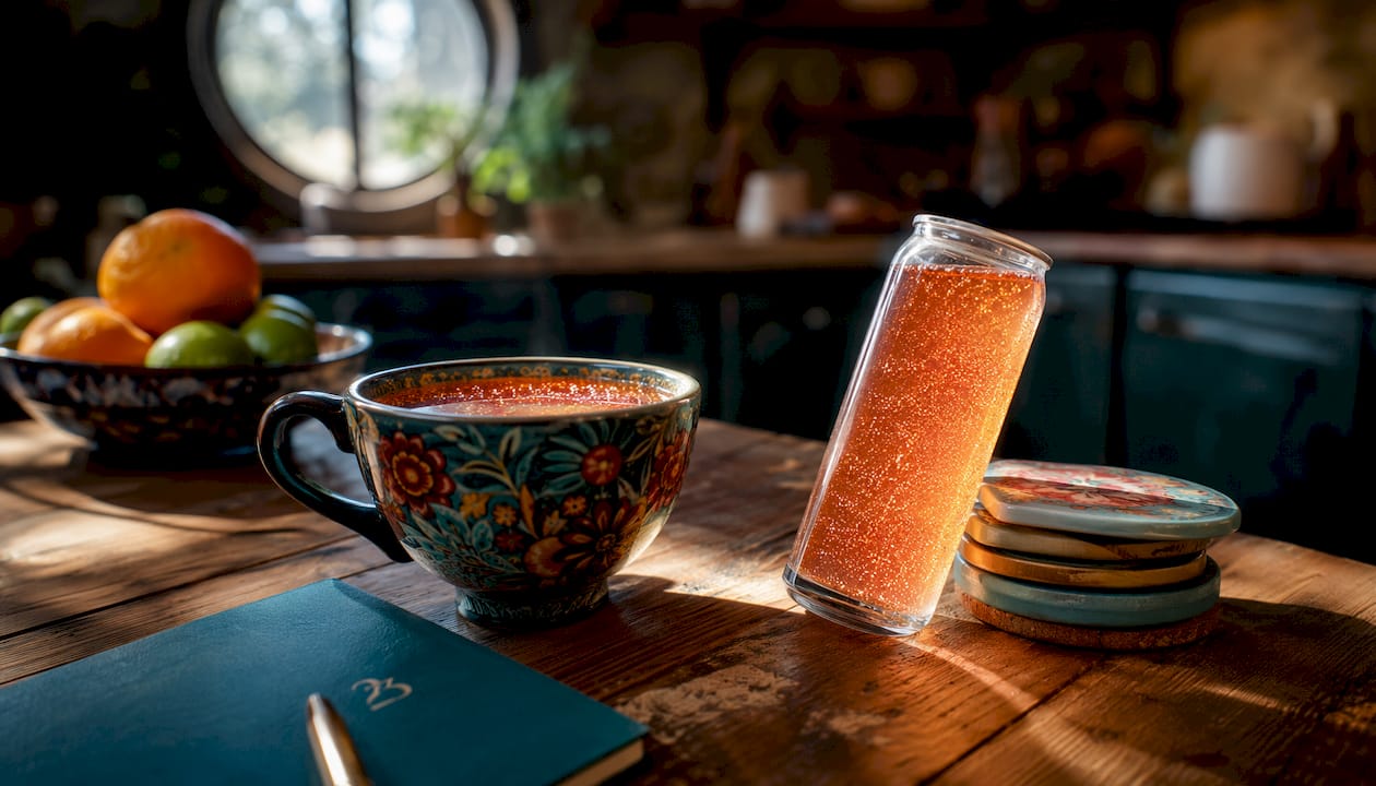 Pouring edible glitter THC drink at home kitchen counter