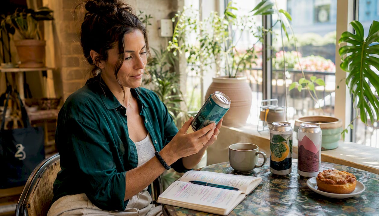 Person examining cannabis beverages at kitchen table
