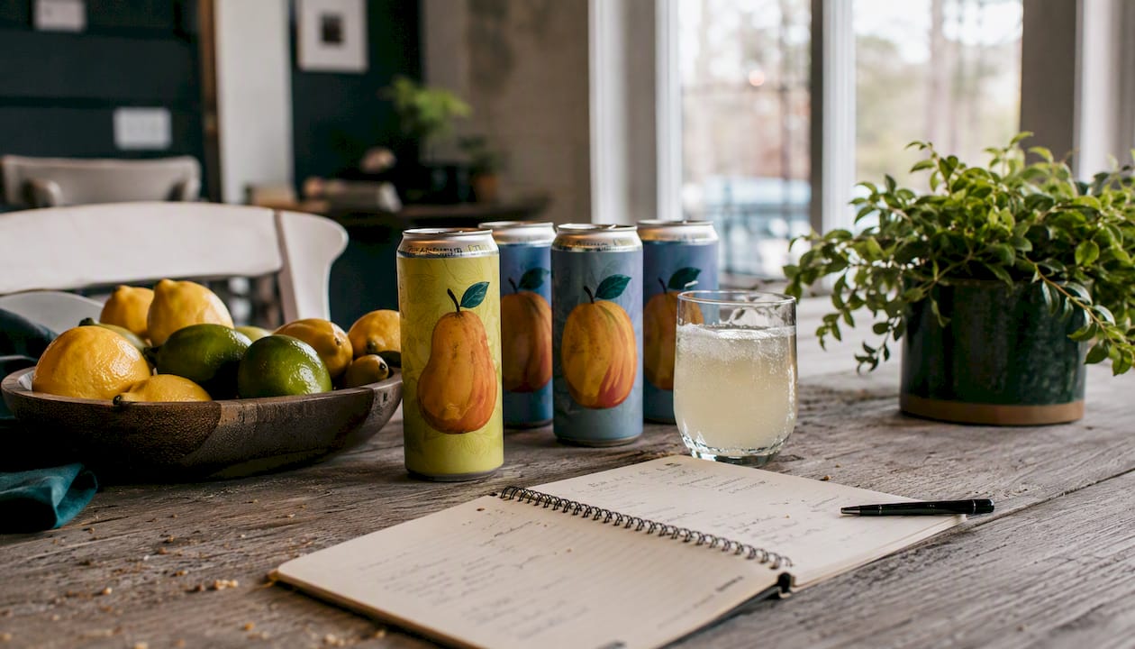 Hemp beverage cans and tasting notes on kitchen counter