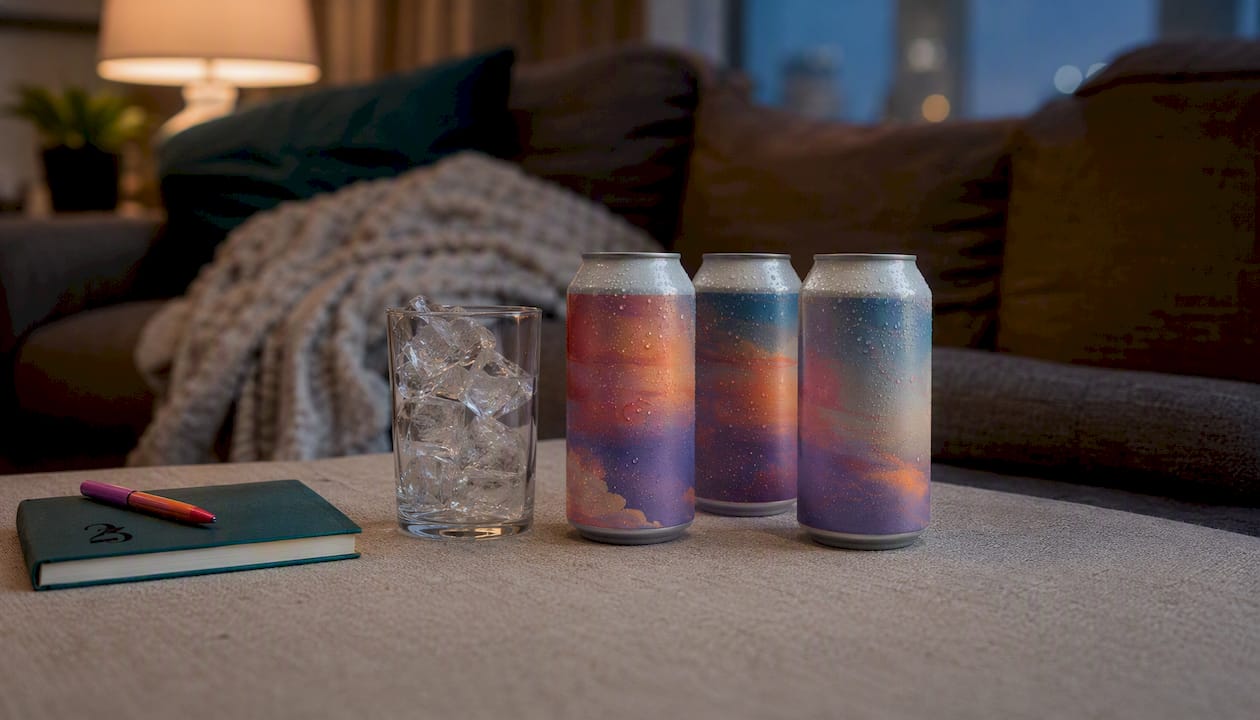 Hemp THC beverages on coffee table at home