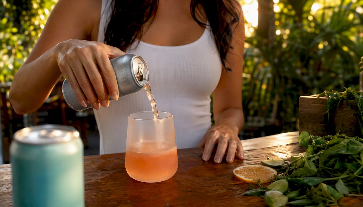 Pouring THC beverage next to alcohol glass