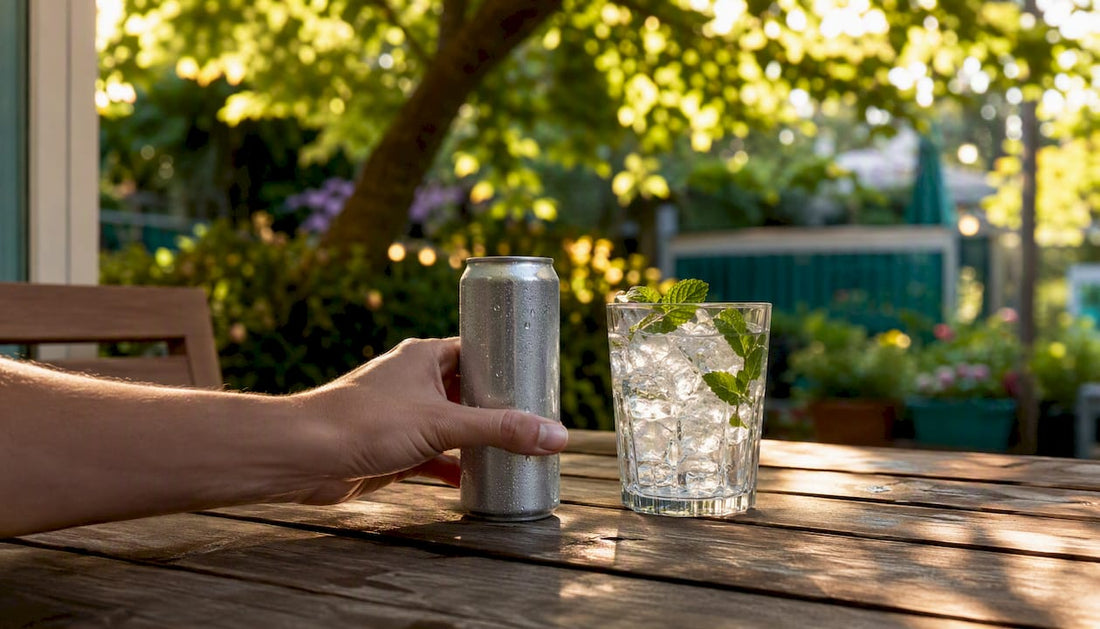 Chilled THC seltzer can on patio table