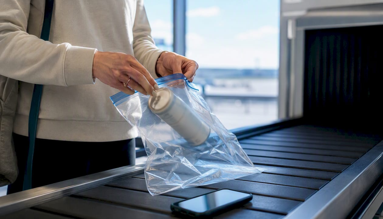 Hemp beverage can in TSA plastic bag at checkpoint