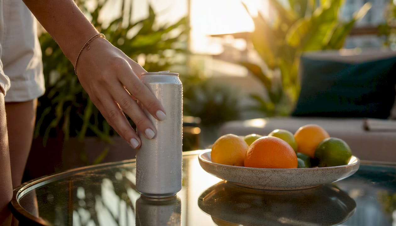 Hand placing hemp THC beverage on table
