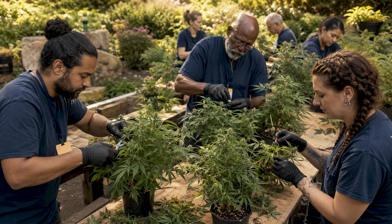Trainees pruning cannabis plants in greenhouse