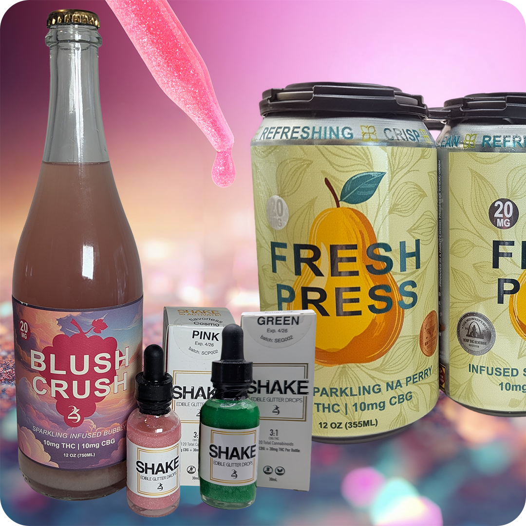 Collection of drinks and products including a bottle, cans, and small bottles with labels on a colorful background.