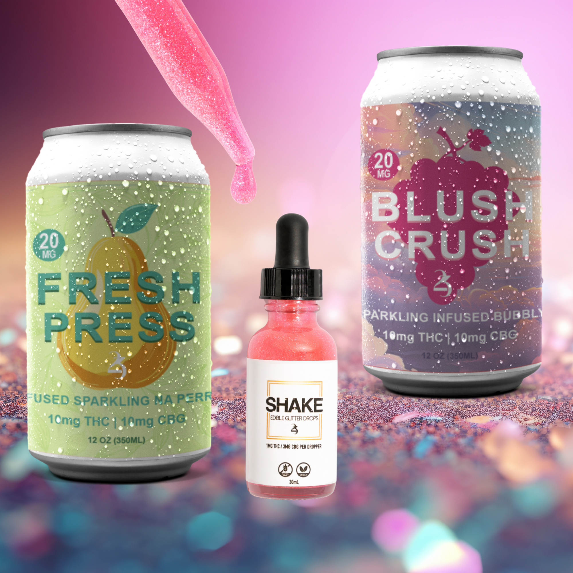Image showcasing SHAKE, FRESH PRESS, and BLUSH CRUSH products.