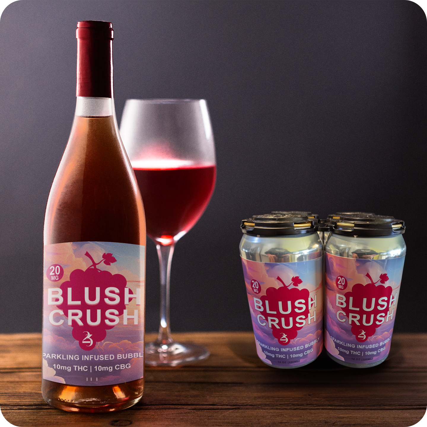 Bottle and cans of Blush Crush sparkling THC infused bubbly with a glass of red wine on a wooden surface.