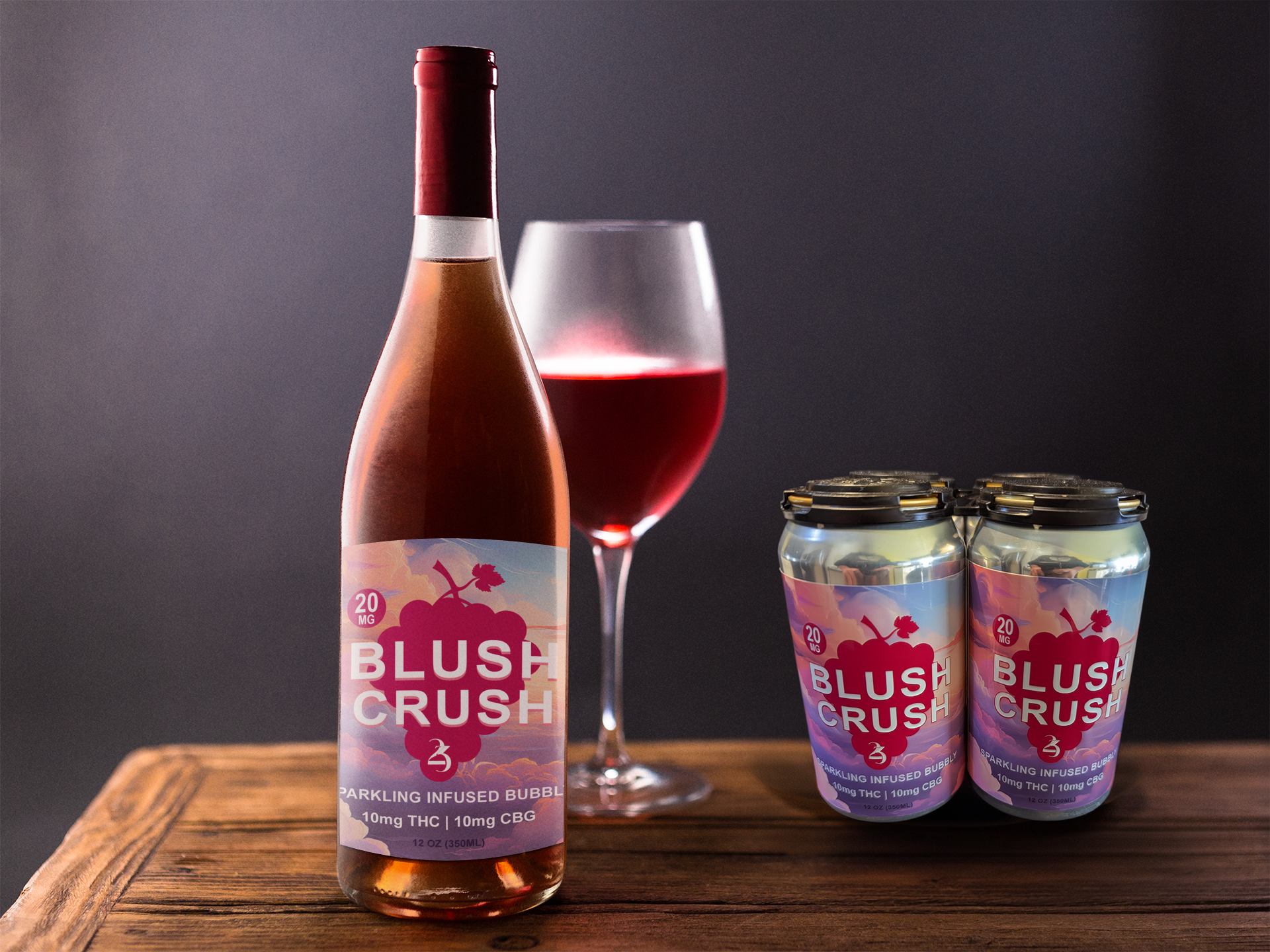 Bottle and cans of Blush Crush sparkling wine on a wooden surface with a glass of NA Blush Crush THC wine.
