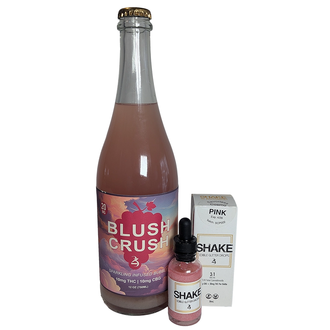 Bottle labeled 'Blush Crush' with a box and dropper labeled 'Shake' on a white background